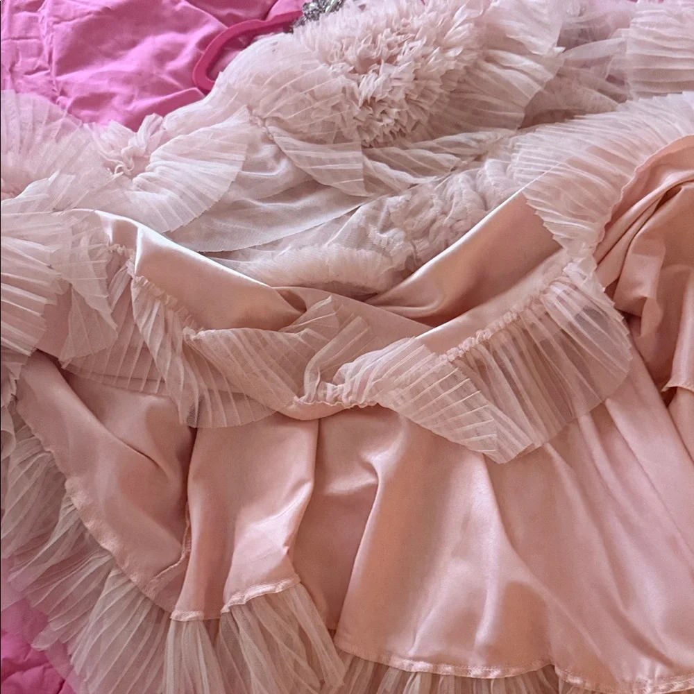 Dollcake Blush Pink Ruffled Tulle Party Dress with Beaded Shoulder Accents